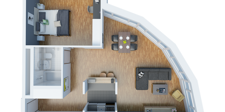 2D apartment floor plan with bedroom, kitchen, bathroom, and living area in Zug.