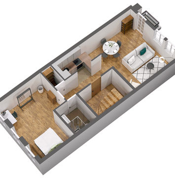 Isometric 3D floor plan of ARISER Zug Old Town Balcony Suite 1, detailing living area, kitchen, bedroom, bathroom, and balcony.