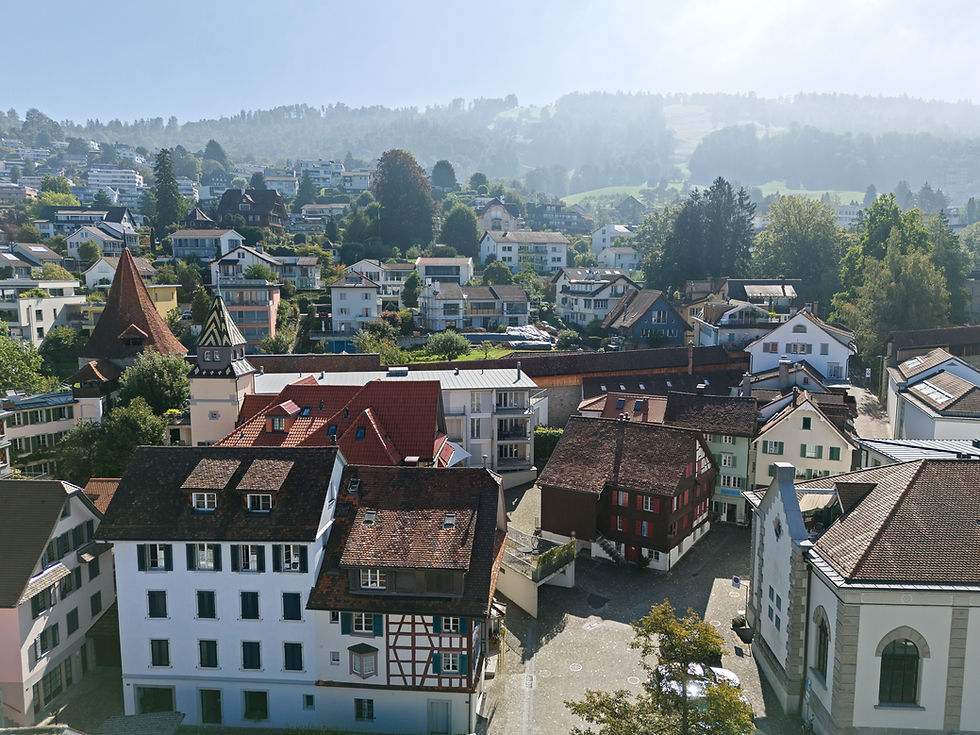 Elevated view over rooftops, Lake Zug, and surrounding Old Town area near Ariser serviced apartment in Zug.