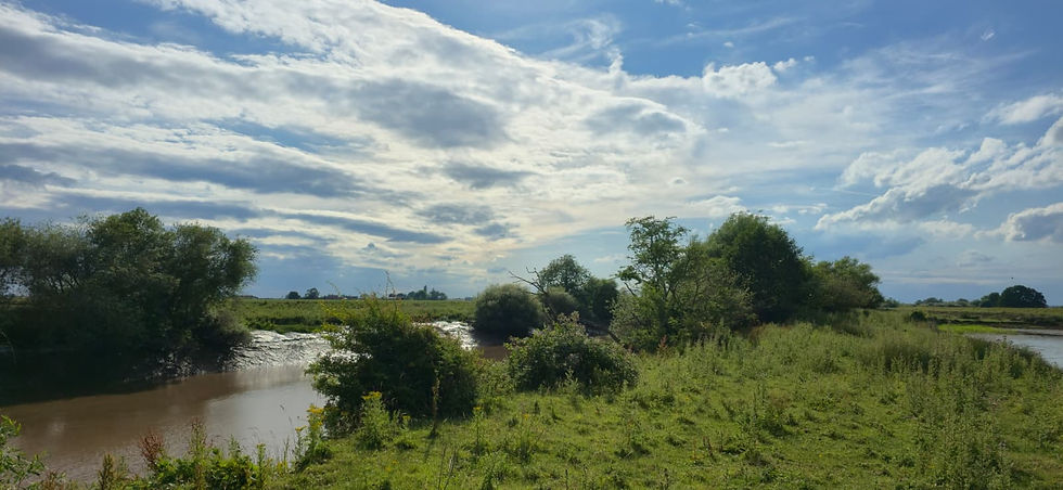 The river Ouse and a pond that runs adjacent to it. Cloudy sunlit sky above.
