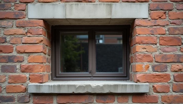 Eye-level view of a concrete lintel installed above a window opening in a brick wall