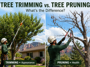 Side-by-side comparison of tree trimming and tree pruning showing how trimming improves appearance while pruning improves tree health in Northern Arizona
