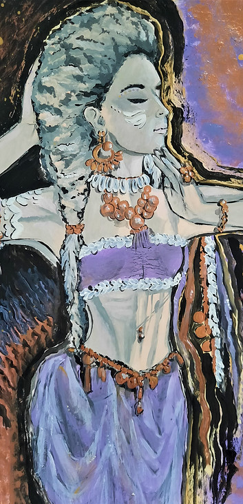 Painting of esoteric woman in purple clothes as a base for original designs of ok3kic sportswear