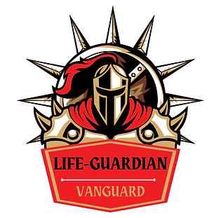 Vanguard badge with knight helmet and red banner