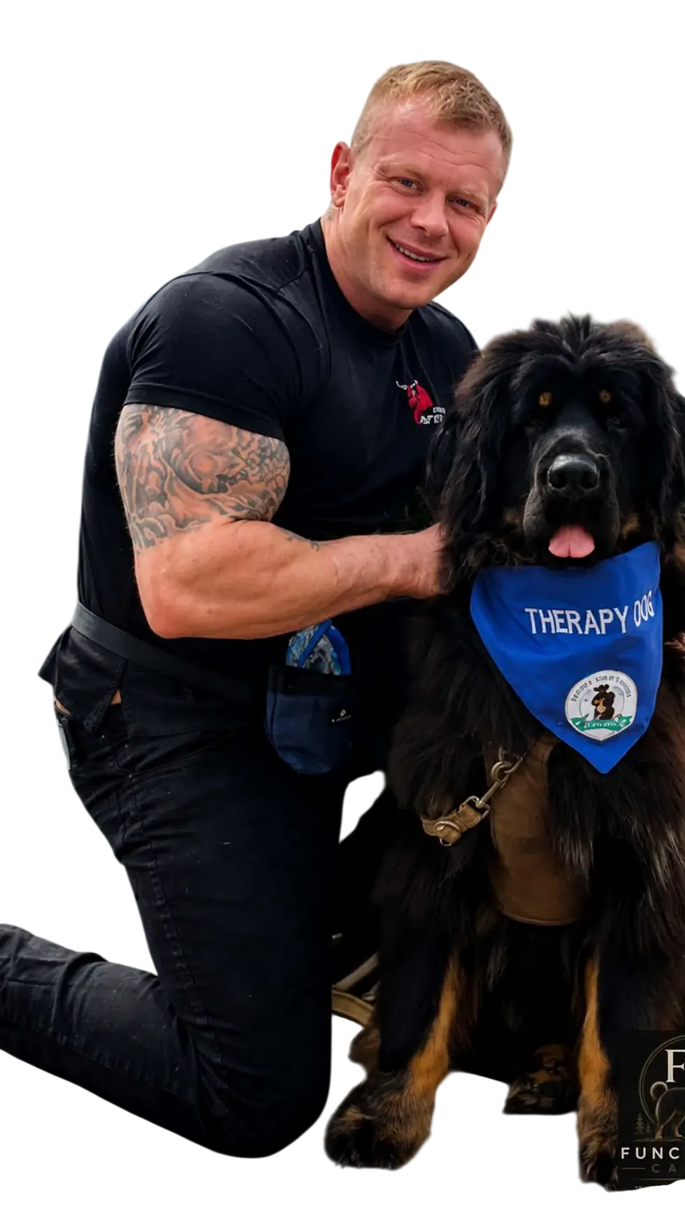 Gaz, founder and trainer at Functional Canine, kneeling with his arm around a large black Newfoundland dog in a blue harness