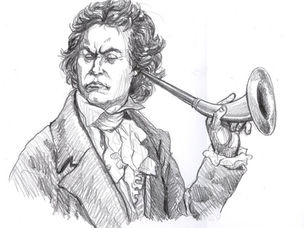 Caricatura de Beethoven com um trompete de ouvido
