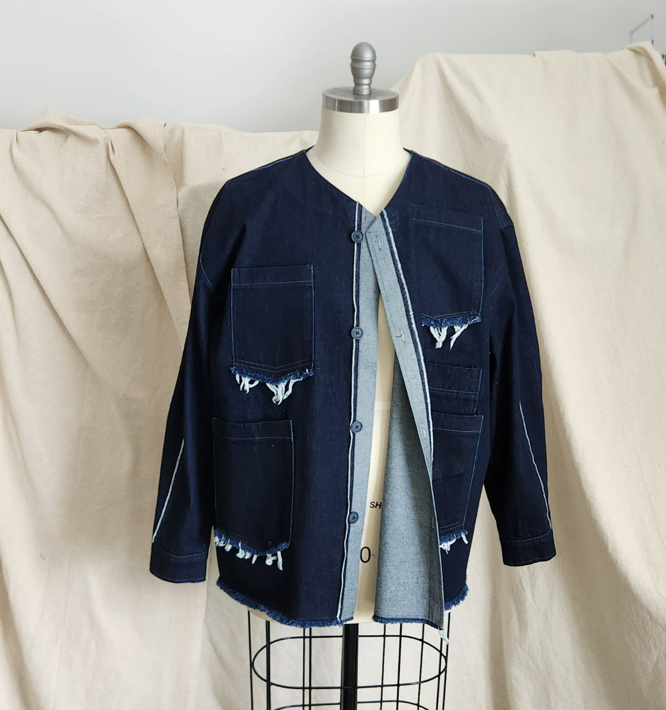 VCollarless Denim Shirt Jacket w/frayed patch pockets