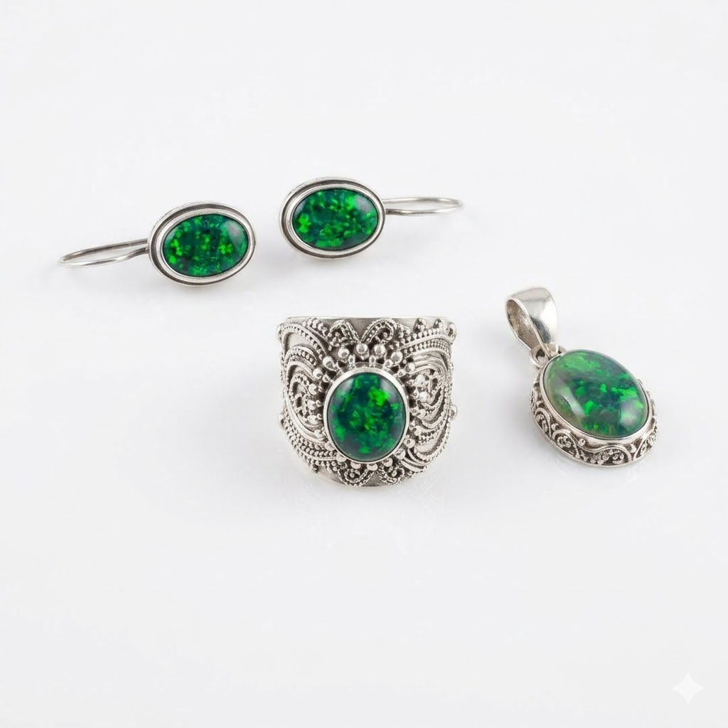 Sterling Silver set with oval shaped green flashes Australian opal