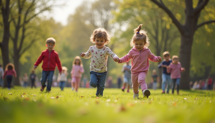 Vista a nivel de suelo de niños jugando en un parque al aire libre