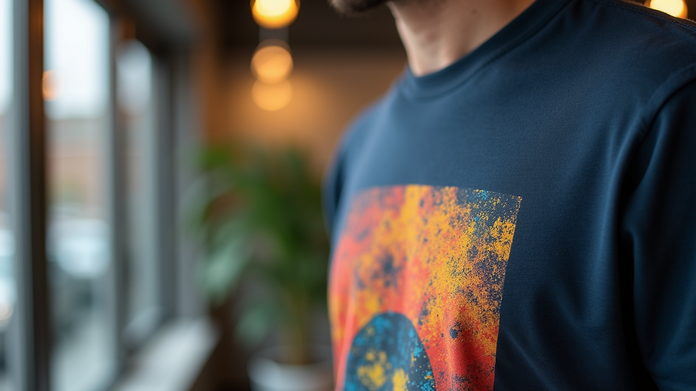 Close-up of a t-shirt with vibrant screen printed design