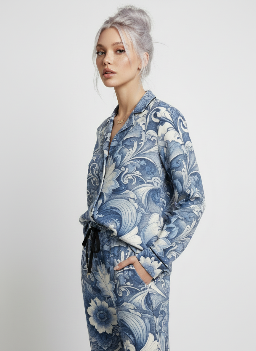 Blue Dynasty Collection sleepwear. Close-up of blue and white print pajamas.