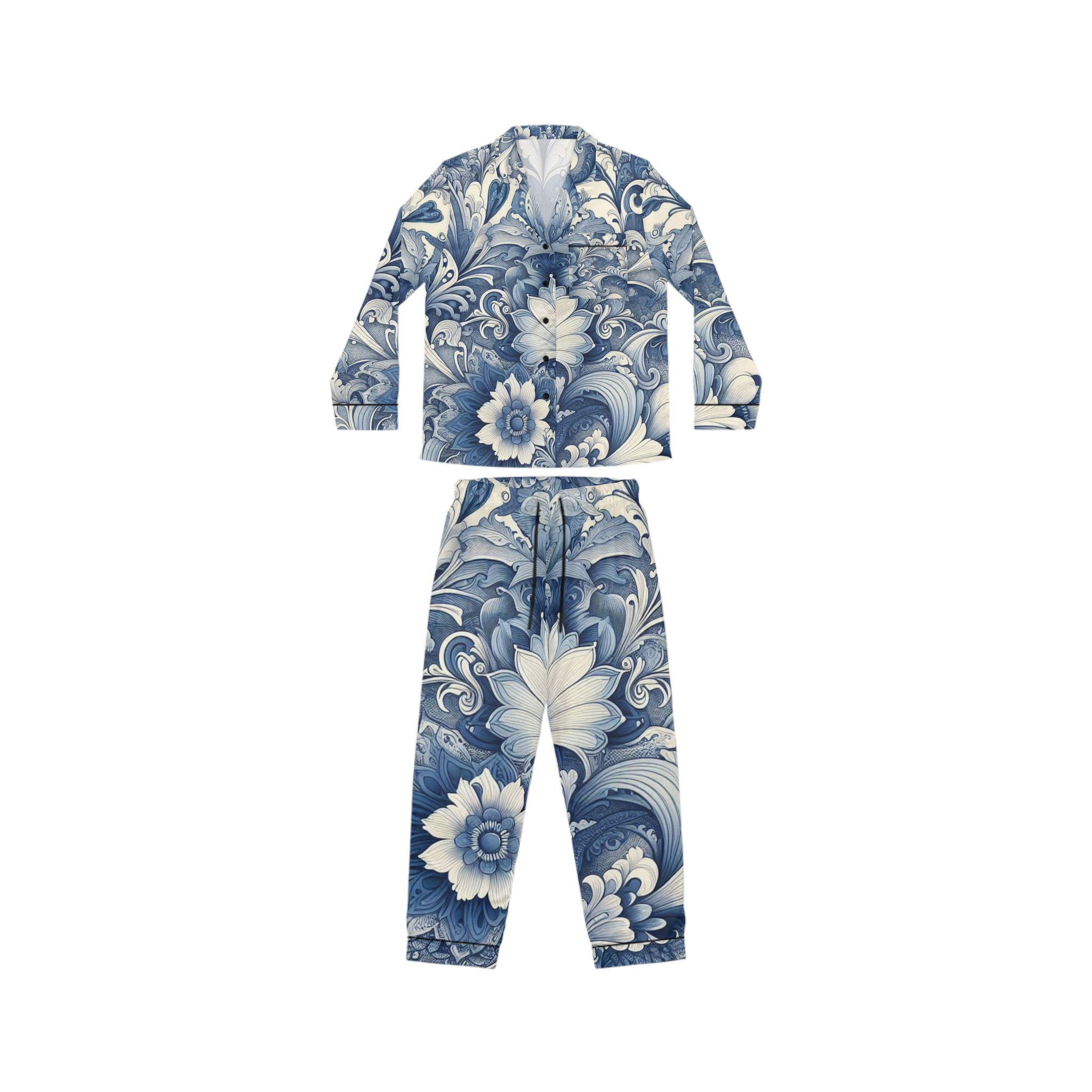 Full flat lay of the Blue Dynasty Collection pajamas. Blue and white print lounge set.