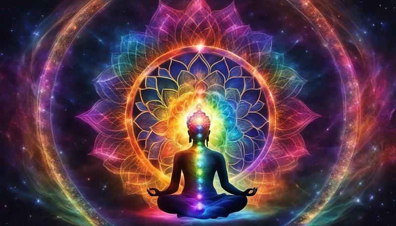 A human sits in enlightenment with aligned Chakras 
