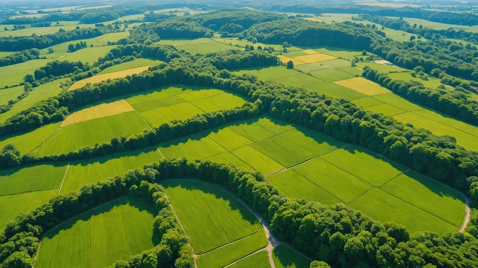 High angle view of a lush green landscape under a blue sky, symbolizing growth and harmony