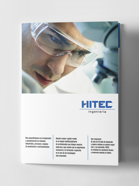 Diseño de tríptico con científico en la tapa . Brochure design with scientist on the cover