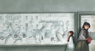Niña mira por la ventana. Girl looks through the window. Children book illustration. Carolina Pratto.