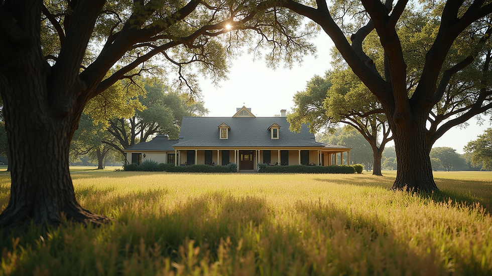 Eye-level view of a charming Hill Country ranch house surrounded by trees