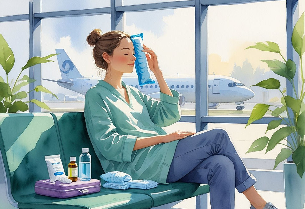 Woman in green sitting in airport lounge, holding a cold pack to her forehead. Plane and plants in background; relaxed mood, travel items nearby.