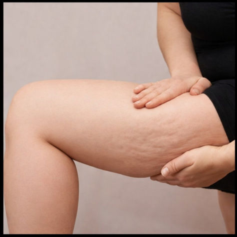 Close-up of a person massaging a thigh with visible cellulite, against a plain beige background, wearing black clothing.