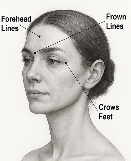 Illustration showing Botox® injection areas on the face – including forehead lines, frown lines, and crow’s feet – used at ALLOR Cosmetic Clinic in Auckland