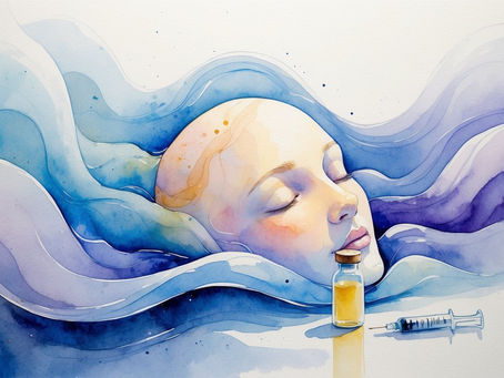 Dreamy watercolor of a serene face surrounded by blue waves; a syringe and vial are in the foreground. Peaceful and surreal ambiance.