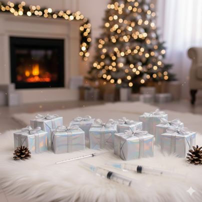 Silver gift boxes and syringes on a fluffy rug in front of a lit fireplace and decorated Christmas tree, creating a cozy holiday mood.