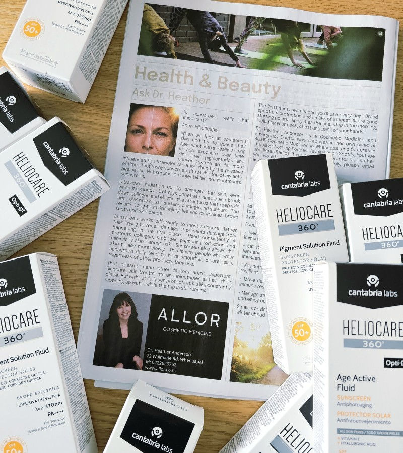 Heliocare sunscreen boxes surround a Health & Beauty magazine article featuring Dr. Heather Anderson from Allor Cosmetic Medicine.