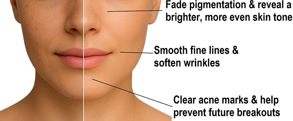 Visual showing benefits of chemical peels at ALLOR Cosmetic Clinic in Auckland – brightens skin tone, softens wrinkles, and clears acne marks