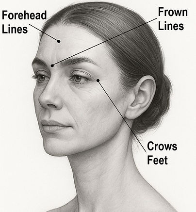 Illustration showing Botox® injection areas on the face – including forehead lines, frown lines, and crow’s feet – used at ALLOR Cosmetic Clinic in Auckland