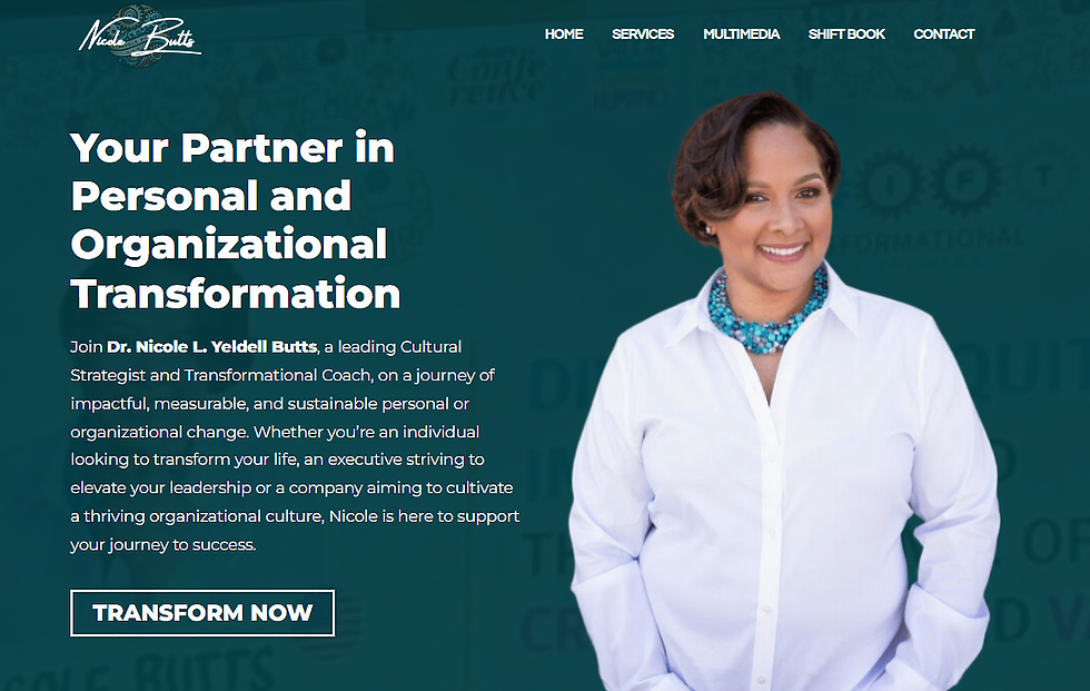 Smiling woman in white shirt with turquoise necklace on blue background. Text: "Your Partner in Personal and Organizational Transformation."