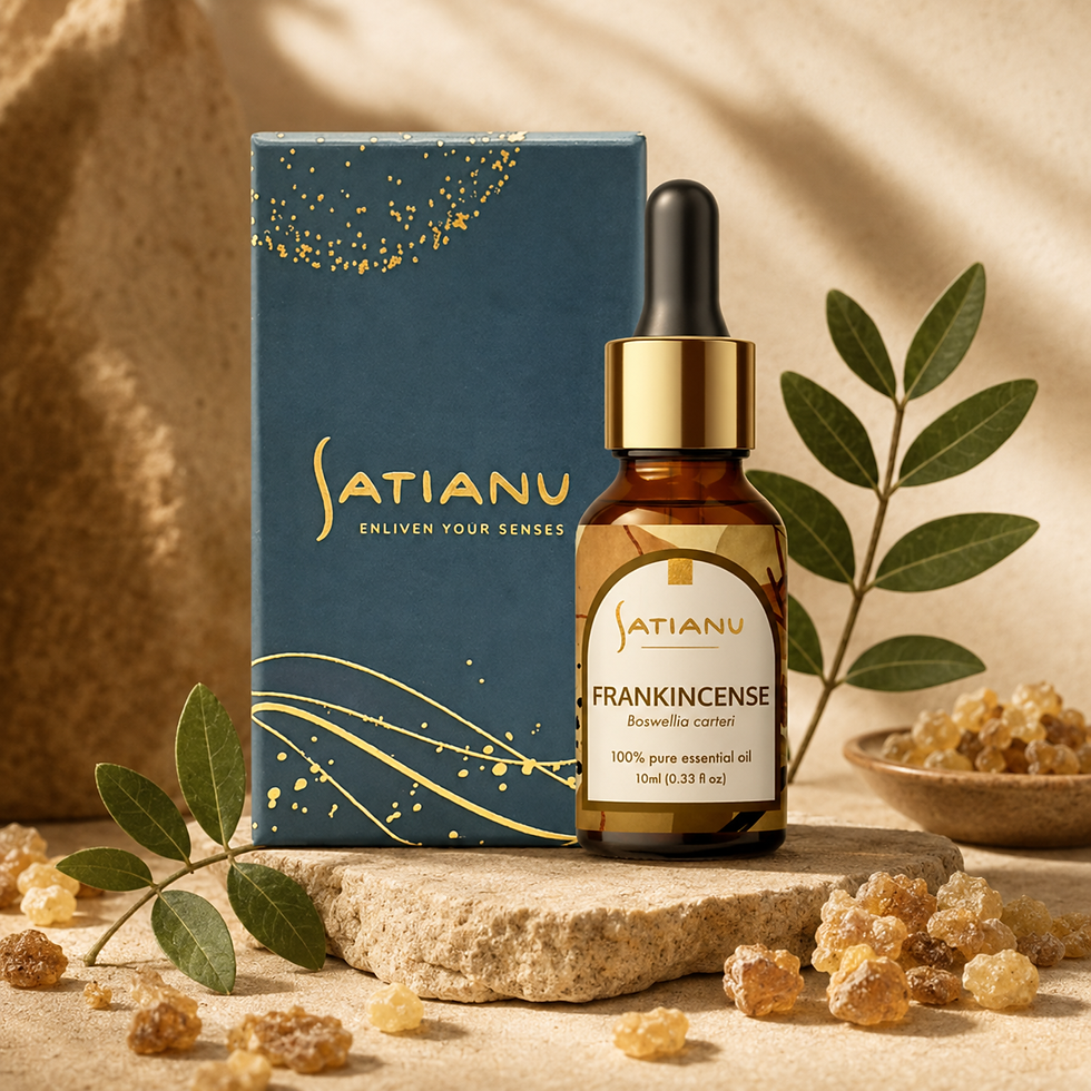 Close-up view of a glass bottle of frankincense essential oil with Boswellia resin