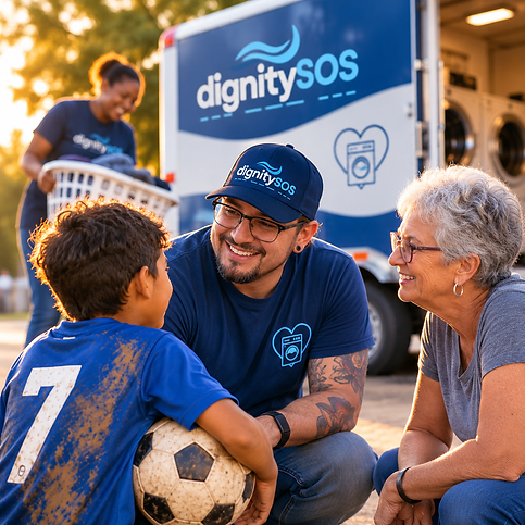 A DignitySOS volunteer kneels beside a young soccer player in a muddy jersey, smiling and talking together while an older community volunteer joins the conversation. In the background, another volunteer carries freshly washed laundry outside the DignitySOS Mobile Laundry Unit. The scene conveys connection, encouragement, and community support beyond providing clean clothes.