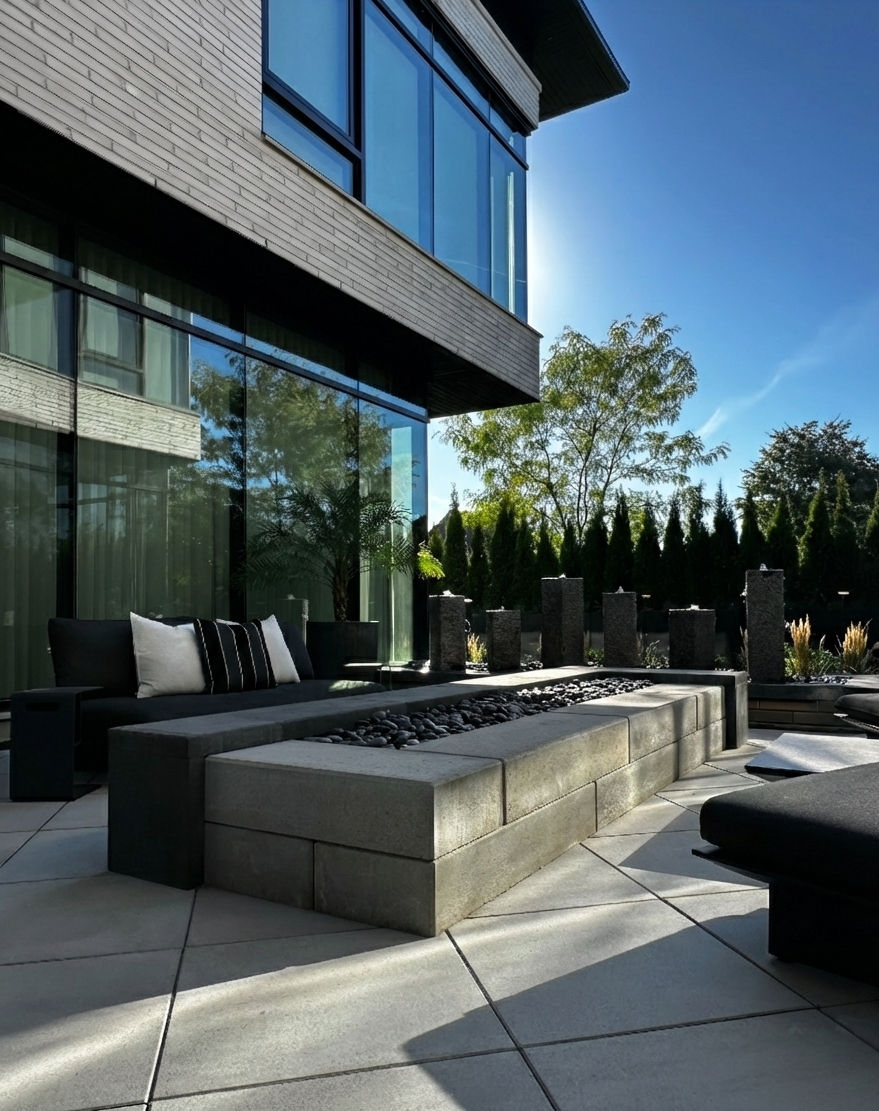 Eye-level view of a stylish backyard lounge area with modern furniture and ambient lighting