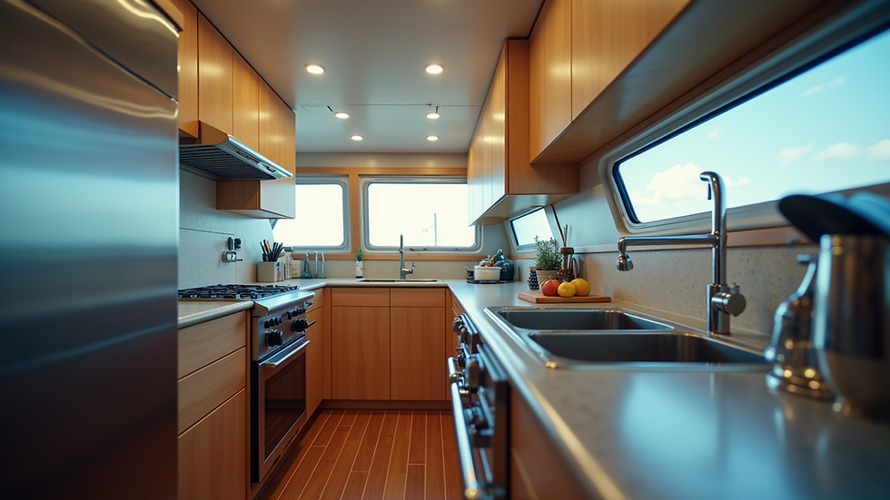 Eye-level view of a compact marine galley with stainless steel appliances