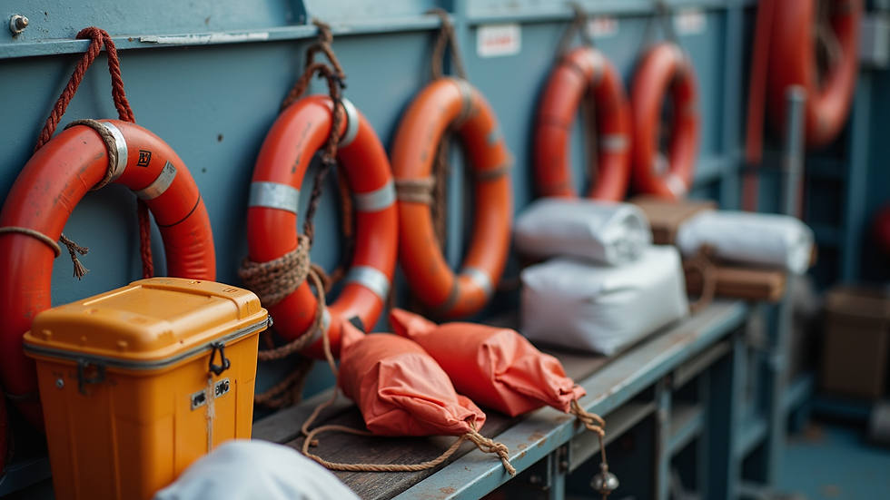Close-up view of marine supplies including safety equipment and provisions