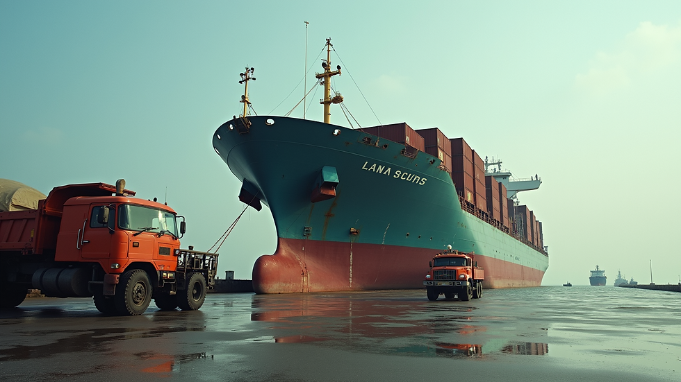 Eye-level view of a ship docked at an Indian port with supply trucks nearby