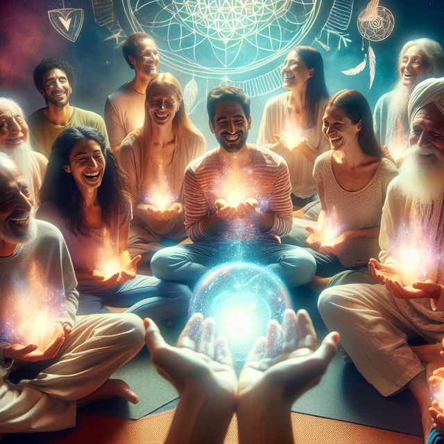 An evocative and vivid image comprising a group meditation setting, including diverse individuals of various descents like Hispanic, Caucasian, and Middle-Eastern. They are all sitting in a semi-circle around a zen-like calming environment. They are joyfully laughing together, their faces filled with positivity and hope. The atmosphere is radiant and uplifting, infiltrated by the soft glow of harmony and peace. In the foreground, a pair of hands are gently cupping a glowing, ethereal array of light. This shimmering energy manifests the healing properties of laughter. All around are elements symbolizing spirituality like ancient symbols, healing crystals, and incense smoke.