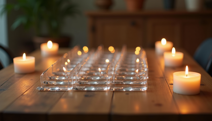 Eye-level view of a crystal grid arranged on a wooden table with candles
