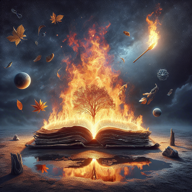 A detailed, ultra-realistic image incorporating fire as a central symbol of transformation and spiritual growth. A large fire is dramatically illuminating a dark evening sky. There's an ancient, worn-out book with pages turning in the wind, ablaze but not consumed by the flames like the biblical bush, symbolizing knowledge and spiritual journey. Elements of earth, water, and air are subtly placed in the peripherals, indicative of balance and harmony. A solitary tree stands nearby, shedding its leaves in autumn, signifying change and rebirth. Light from the fire reflects on a nearby still pond, illustrating contemplation and inner growth.