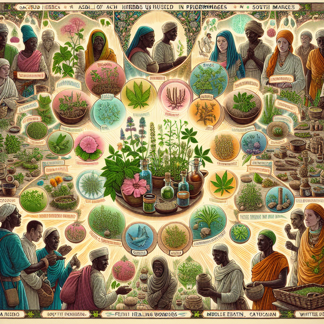 An intricately illustrated image showing a variety of sacred herbs used historically in pilgrimages. Around the edges, there should be displays of the pilgrimages themselves, with pilgrims of diverse ethnic backgrounds like Black, South Asian, Hispanic, Middle-Eastern, Caucasian and White. Highlight healing wonders of these herbs, such as glowing aura or light beams. Maybe have a few people carefully selecting and packing these herbs for their journey. The style should be realistic, full of color, and detailed, to emphasize the significance and importance of these healing herbs to the pilgrims.