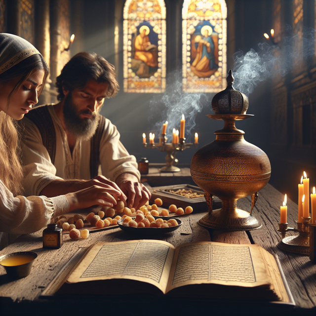 Imagine a tranquil scene of a prayer ceremony. In the center of the image, a Hispanic woman and a Middle-Eastern man are kneading balls of frankincense, a golden resin sourced from trees. Their faces are calm, deep in concentration. Ancient religious scriptures, written in beautiful, ornate script, scatter across a rustic wooden table next to them. A brass incense burner, its intricate designs catching the soft candlelight, radiates a thin veil of fragrant smoke. The background is a dimly lit sanctuary with beautiful stained glass windows depicting old religious stories. Application of frankincense in the ceremony creates an atmosphere of peace and spiritual connectivity.