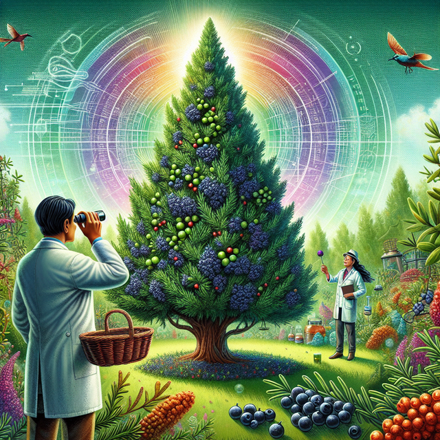 Envision an illustrative depiction of a juniper tree standing tall amidst a lively botanical garden. The tree is teeming with rich, emerald green needles and bright, blue-black juniper berries. On one side, a person of South Asian descent, identified as a botanist due to his lab coat and binoculars, is attentively studying the tree. On the other side, there's a White woman holding a basket, enthusiastically collecting fallen berries. Energy waves are radiating outward from the juniper tree, symbolizing the power and protection it provides. The vibrant colors, the interaction of humans with nature, and the symbolic energy waves all contribute to the overall theme of 'Juniper Power: Stunning Protection Benefits You'll Love'.