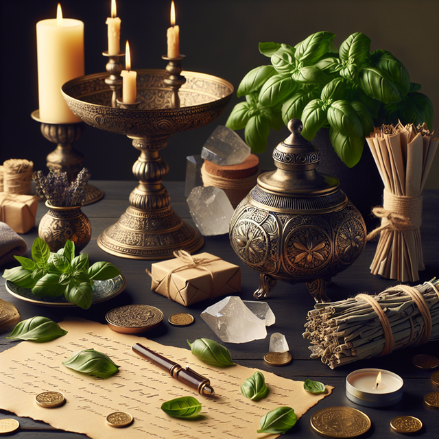 Create a detailed and ultra-realistic image associated with Basil Prosperity Rituals. Display an array of items commonly associated with these rituals: fresh hand-picked basil leaves, an ornate silver wick lamp or candle, bundles of sage, a stone altar, clear quartz crystals, and folded pieces of parchment with written affirmations or wishes. Have these items arranged thoughtfully and aesthetically pleasing on a dark colored wooden table. The lighting should evoke serenity and abundance, illuminating the items brightly. Gold coins scattered around the table can denote the manifestation of abundance and success. The background should be a simple, uncluttered space to emphasize the focus on the ritual items.