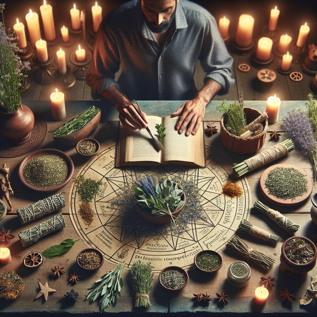 Imagine a calming, serene scene, ripe with materials related to the spirituality and power of herbs. In the center of the frame should be a wooden table filled with a collection of powerful herbs known for their effects on opening intuitive channels, like mugwort, sage, and rosemary, displayed in a visually appealing array. Near the table, a man of Middle-Eastern descent is thoughtfully selecting herbs, surrounded by a constellation of candles emitting a soothing glow. The surroundings convey a rich enchantment and the open pages of a well-worn herbal guidebook peeks from one corner, evidence of well-researched wisdom.