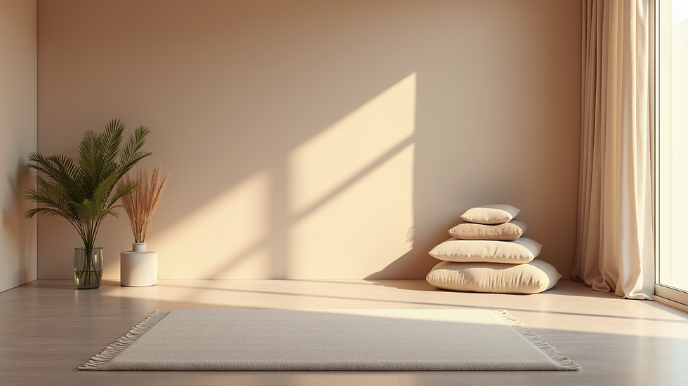 Wide angle view of a serene meditation space with soft lighting and calming decor