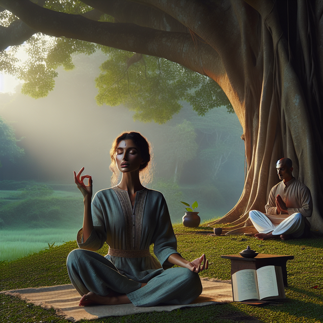 A serene and tranquil scene in the heart of nature. A Middle-Eastern woman sits cross-legged on a lush green grass under the shade of a large, sprawling tree, softly illuminated by the gentle rays of the setting sun. She has her eyes closed in deep meditation, her lips slightly parted as if whispering a mantra. Beside her, there is a South Asian man, also meditating, their hands in 'Gyan Mudra' representing wisdom. Nearby, an open book, titled 'Your Must-Have Guide to Lasting Calm', rests on a small, rustic wooden table, invitingly open to a page about Mantra Meditation.