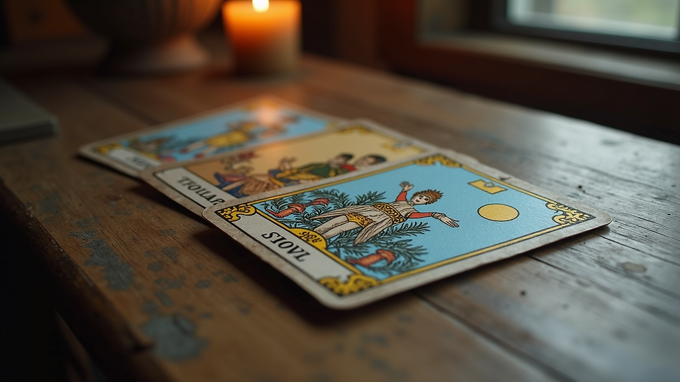 Close-up view of a tarot card deck resting on a table