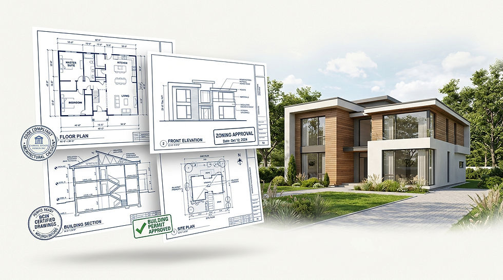 Modern custom home and its architectural drawings in 3D of to the side