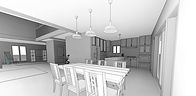interior redenring of a kitchen space overlooking over the table and at the rest of house