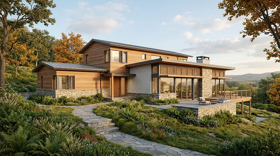 realistic rendering of a modern cottage up on a hill with lots of windows, flat and gable roofs and